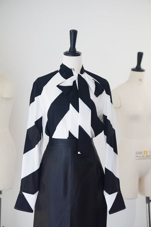 Spring/Summer 24 Black and white silk bow tie blouse