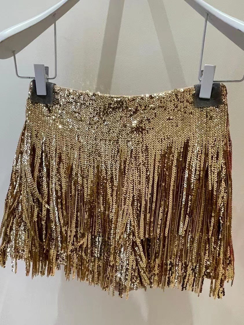 Golden tasseled high waisted pants skirt.